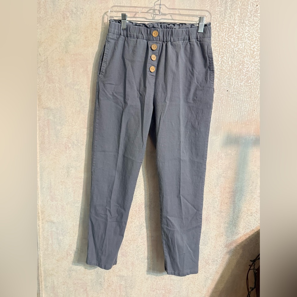 NiMin Women’s Blue Gray High Waisted Paper Bag Ankle Length Pants With Pockets S